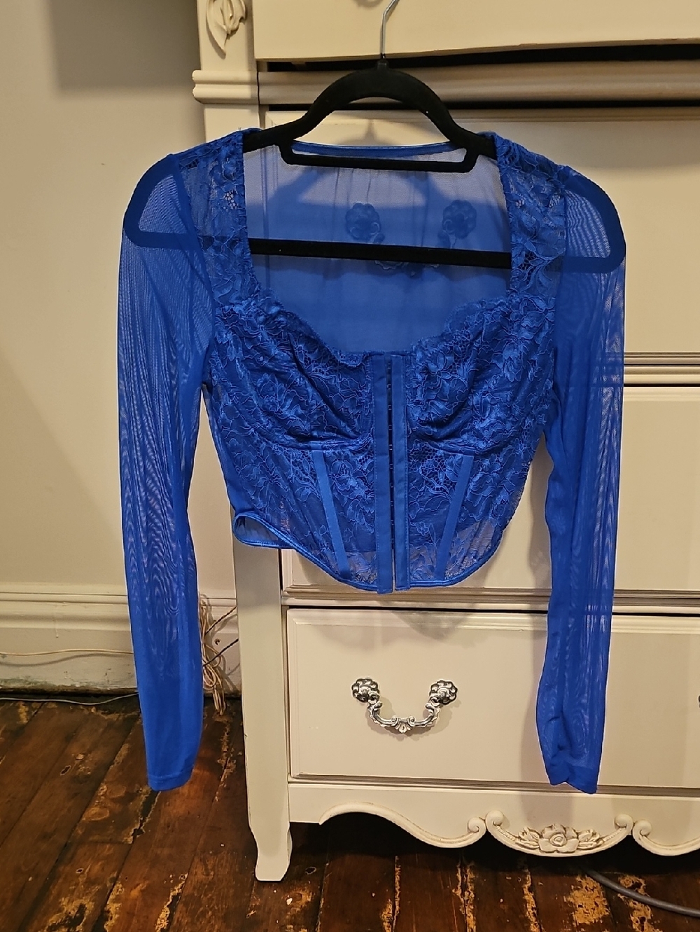 SHEIN Sheer Lace Bustier Top in Vibrant Royal Blue